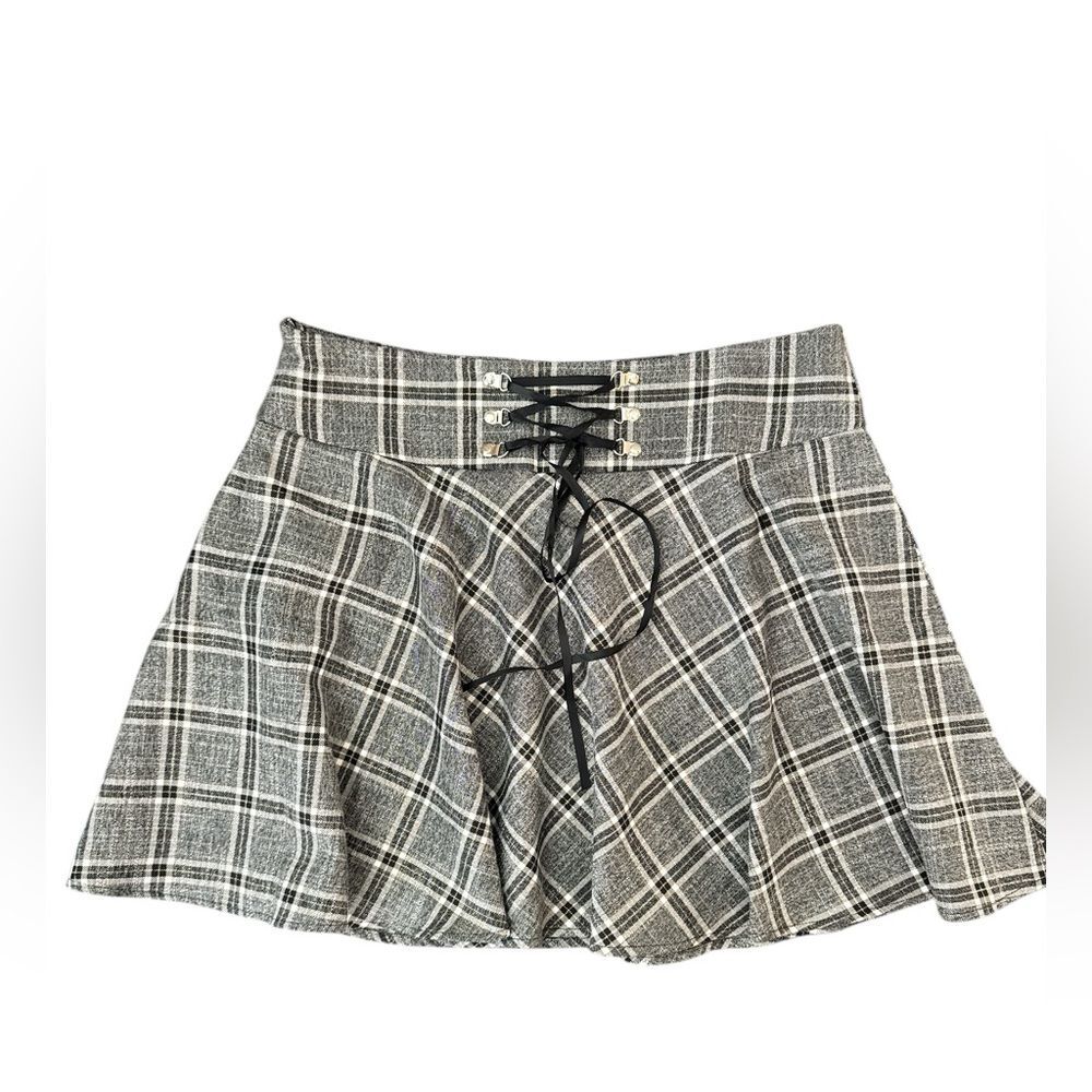 Gray Black Plaid Mini Skirt XL Lace Up Waist Schoolgirl Y2K Aesthetic Skirt